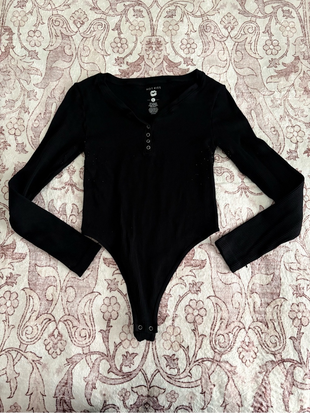 Hot Kiss Black Ribbed Henley Long-Sleeve Bodysuit